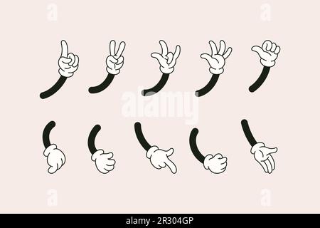 Retro-Cartoon-Hände in verschiedenen Gesten mit OK-Zeichen, Zeigefinger, Daumen nach oben, Rock-Zeichen, High Five. Vector Comic Arms in Handschuhen in 1930 S. Stock Vektor