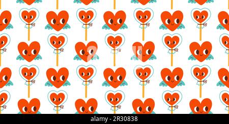 Süßes nahtloses Muster am Valentinstag. Herzen und Lutscher. Vektor für Valentinstag, Aufkleber, Grußkarten Stock Vektor