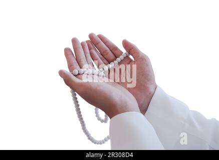 Menschliche Hände beten auf weißem Hintergrund mit Schnittpfad. Stockfoto