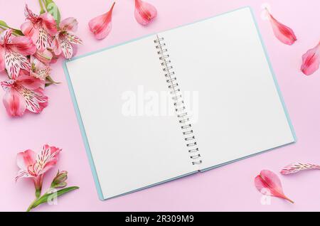 Das Notizbuch ist von rosafarbenen Alstroemeria-Blumen und -Blüten auf pinkfarbenem Hintergrund umgeben Stockfoto