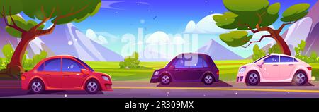 Autobahn mit Autos vor Berglandschaft. Vektor-Cartoon-Illustration von Autos, die auf Asphaltstraßen auf dem Grund hoher Felsen fahren, grünes Tal mit Bäumen, Vögel, die im blauen sonnigen Himmel fliegen, Urlaubsreisen Stock Vektor