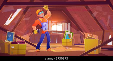 Arbeiter-Mann-Reparatur verlassene Dachboden-Vektorgrafik-Illustration. Ein glücklicher Mechaniker repariert das Dach des Hauses. Charaktere helfen kaputte Wohnung mit Fenster und Kisten. Techniker mit Hammer Stock Vektor
