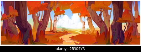 Herbstwald-Vektorlandschaft. Pfad in der Nähe des Orangenbaums in der Cartoon Fall Park Szene. Sonniger Tag im Valley Horizon. Herbstsaison und Fußweg auf der Straße zwischen Ahornwäldern, blauer Himmel mit Wolken Stock Vektor