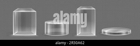 transparenter Ständer aus 3D-Glas, Podium-Display-Box auf Hintergrund isoliert. Leere Kristallplattform für Produktpräsentation oder -Präsentation. Minimal realistischer Kunststoffständer und Zylinderständer Stock Vektor