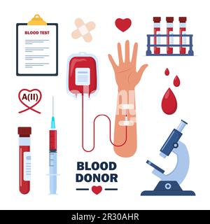 Bluttransfusion, Blutspendeset. Hämatologie-Ikonen. Spende Blut, Gesundheitskonzept. Weltblutspendertag. Vektordarstellung Stock Vektor