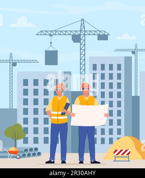 Bauarbeiter, Industrietechniker und Bauarbeiter über der städtischen Baustelle. Turmkräne, die Wohngebäude bauen. Mann und Frau Ingenieur Stock Vektor