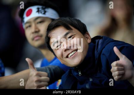 La Plata, Argentinien. 21. Mai 2023. Japanische Fans, die bei einem Spiel zwischen Japan und Senegal im Rahmen der Weltmeisterschaft U20 Argentinien 2023 gesehen wurden – Gruppe C auf der Estadio Unico „Diego Armando Maradona“. Endergebnis: Japan 1 - 0 Senegal (Foto: Roberto Tuero/SOPA Images/Sipa USA) Gutschrift: SIPA USA/Alamy Live News Stockfoto