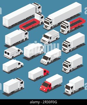 Isometrische Frachtwagensammlung. Kommerzielles Transportset. Logistik. City-Objekt für Infografiken. Vektordarstellung. Auto für Kutsche. Stock Vektor