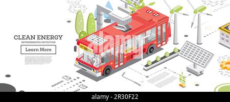 Elektrobus mit Ladestation. Isometrisches Konzept. Sonnenkollektoren und Windturbinen im Hintergrund. Konzept Für Saubere Energie. Umweltschutz. Stock Vektor