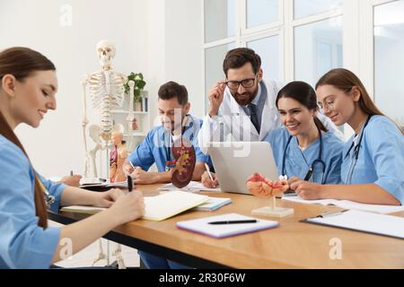 Arzt und Praktikant mit Laptop an der Universität Stockfoto