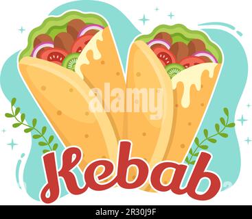 Kebab-Vektor-Illustration mit Füllung von Hähnchen- oder Rindfleisch, Salat und Gemüse in Brot, Tortilla Wrap in flachen, handgezeichneten Zeichentrickschablonen Stock Vektor