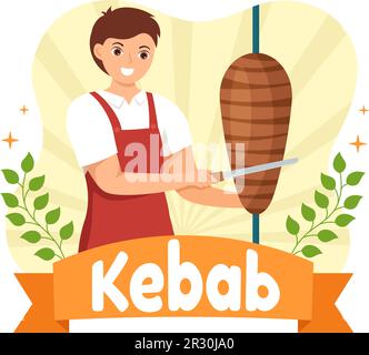 Kebab-Vektor-Illustration mit Füllung von Hähnchen- oder Rindfleisch, Salat und Gemüse in Brot, Tortilla Wrap in flachen, handgezeichneten Zeichentrickschablonen Stock Vektor