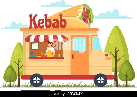 Kebab-Vektor-Illustration mit Füllung von Hähnchen- oder Rindfleisch, Salat und Gemüse in Brot, Tortilla Wrap in flachen, handgezeichneten Zeichentrickschablonen Stock Vektor