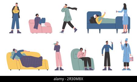 Cartoon-Menschen mit saisonalen Grippesymptomen. Niesende Männer. Hustende Frauen, die auf dem Bett liegen. Katarrhalen- und Viruserkrankungen. Ärzte untersuchen Patienten Stock Vektor