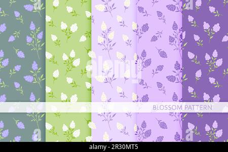 Hyazinthen aus Muscari-Trauben blühen nahtlos gefertigt flach. Violette grüne Blume Frühling zarter moderner Druck wilde Pflanzen Wiese Kräuter Blumendesign Zweig Textil Tapete Einband Druck niedlicher Hintergrund Stock Vektor