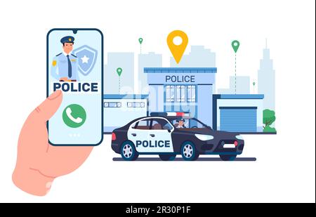 Telefon-App, um schnell die Polizei zu rufen. Smartphone-App, Patrouillenwagen mit Blitzlichtern und Bahnhofsgebäude, Polizisten im Auto, Handgriff Stock Vektor