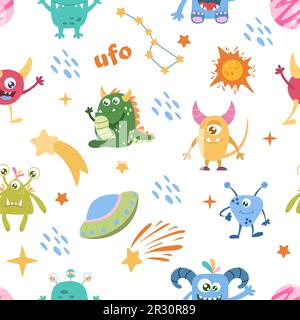 Nahtloses Muster „Space Monsters“. Elemente des Kinderraums, süße Planeten und Außerirdische Stock Vektor