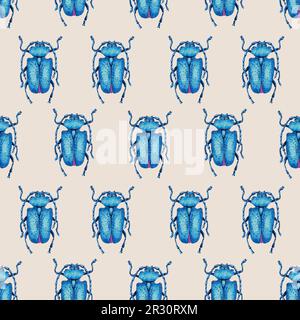 Barbel-Käfer-Probe. Süßer Hintergrund mit blauen Käfern. Minimalistisches Grafikdesign für Papier, Textildruck, Seitenfüllung. Markierung und Aquarelle leuchten Stockfoto