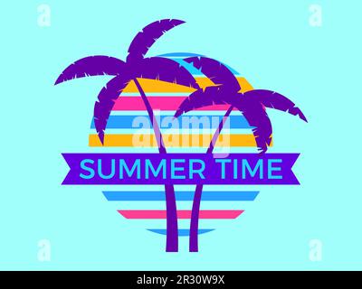 Silhouetten von zwei Palmen vor dem Hintergrund einer Retro-Sonne im Stil der 80s Jahre. Sommerzeit Text auf Band. Design für Druckwerbung Stock Vektor