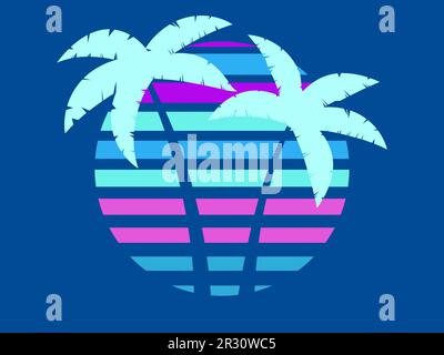 Zwei Palmen vor dem Hintergrund der Retro-Sonne von 80s isoliert auf blauem Hintergrund. Design für den Druck von Werbebroschüren, Bannern und Postern Stock Vektor