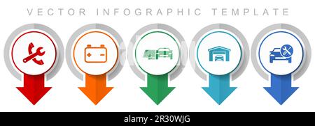 Symbolsatz für Autoservice, verschiedene Zeigersymbole wie Werkzeuge, Werkstatt, Batterie und erneuerbare Energien für webdesign und mobile Anwendungen, modern Stock Vektor