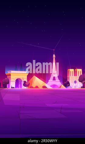 12. FEBRUAR 2020. Nächtliche Vektorgrafik von Pariser Wahrzeichen, Eiffelturm, Louvre, Kathedrale Notre Dame, Triumphbogen, Frankreich Stock Vektor