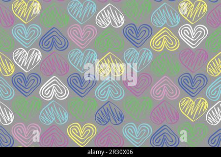 Vektormuster - mehrfarbige, von Hand gemalte Herzen auf grauem Hintergrund Stock Vektor