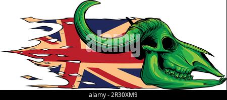 vektordarstellung eines Bullenschädels mit Hörnern und flagge des vereinigten Königreichs Stock Vektor