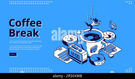 Isometrische Startseite für Kaffeepausen. Ein Mädchen, das auf einen riesigen Becher fällt, mit heißem Getränk, Donuts und Wecker mit 12 Uhr Zeit am Telefon. Frühstück für Geschäftsleute, 3D-Vektorgrafik, Webbanner mit Strichzeichnungen Stock Vektor