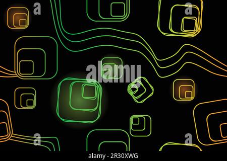 Abstraktes nahtloses Muster – Quadrate und Linien in Regenbogenfarben auf schwarzem Hintergrund Stock Vektor