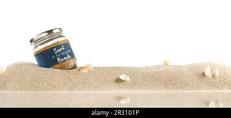 Strand Sand mit Souvenir Panorama Blick isoliert auf weißem Hintergrund Stockfoto