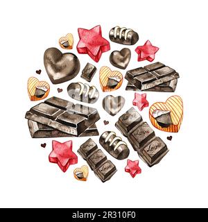 Vorlage aus Schokoladendesserts in Aquarell in Form eines Kreises: Süßigkeiten, Süßigkeiten, Schokolade, Muffins. Geeignet zum Verpacken und Dekorieren von Stockfoto