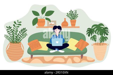 Frau, die auf dem Sofa sitzt und am Laptop arbeitet Stock Vektor