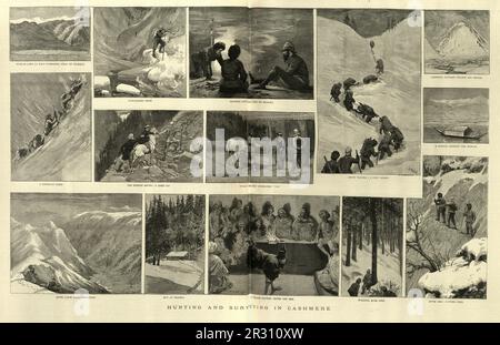 Vintage-Illustration der Jagd- und Vermessungsszene in Kaschmir, 1880er., 19. Jahrhundert Stockfoto