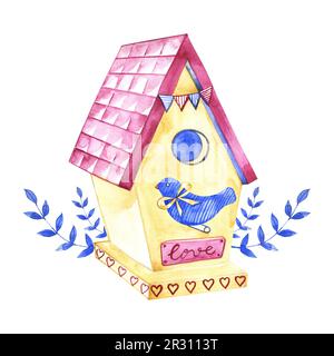 Wasserfarbenes Frühlingsdesign mit Vogelhaus. Handbemalte Umrandung mit Grün, Tulpen und pastellfarbenen Eiern, isoliert auf weißem Hintergrund. Osterblütenillustr Stockfoto