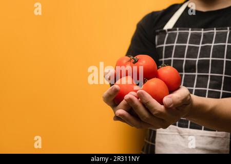 Ein Mann, der eine Schürze trägt und frische Bio-Tomaten auf gelbem Hintergrund hat. Gemüse und gesunde Lebensmittel Konzept Stockfoto