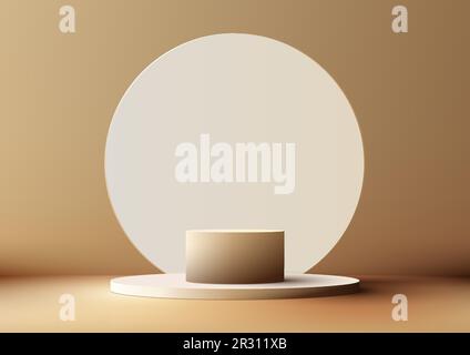 3D realistischer, moderner, leerer, brauner Podiumständer mit weißem, kreisförmigem Hintergrund mit minimaler Wandszene auf beigefarbenem Hintergrund. Sie können für die Produktanzeige verwenden Stock Vektor