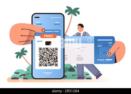 Mann druckt E-Tickets über mobile App Online-Buchung auf der Suche nach Flugservicekonzept Stock Vektor