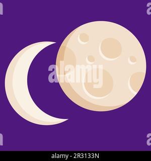 Vektordarstellung von Halbmond und Vollmond mit Mondkratern. Raumobjekt, Satellit auf dunklem Hintergrund. Ein gruseliges Halloween-Symbol. Zwei Phasen von t Stock Vektor