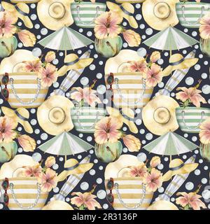 Handgezeichnete, wasserfarbene Strandtasche mit Hibiskusblume, Sonnenhut und Cocktailschirm nahtloses Muster. Isoliert auf farbigem Hintergrund. Wandbild, Hochzeit Stockfoto