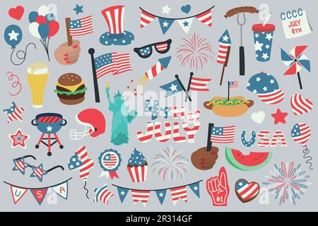 4. Juli, Unabhängigkeitstag der Vereinigten Staaten von Amerika, thematische Illustrationen, Sammlung von handgezeichneten Vektorelementen und Objekten. Stock Vektor