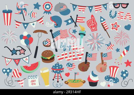 4. Juli, Unabhängigkeitstag der Vereinigten Staaten von Amerika, thematische Illustrationen, Sammlung von handgezeichneten Vektorelementen und Objekten. Stock Vektor
