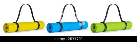 Satz Yogamatten oder leichtes Campingbett-Rollkissen aus Schaumstoff, isoliert auf weiß. Stockfoto