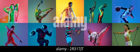 Collage mit Profisportlern, Männer und Frauen, die Fechten, Tennis, Basketball, Gymnastik, Kampfsport, Tauglichkeit auf mehrfarbigem Neon Stockfoto