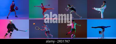 Collage von kleinen Sportlern, die verschiedene Aktivitäten ausüben, Tennis, Kampfsport, Gymnastik, Hockey auf mehrfarbigem Hintergrund in Neon. Banner für Werbung Stockfoto