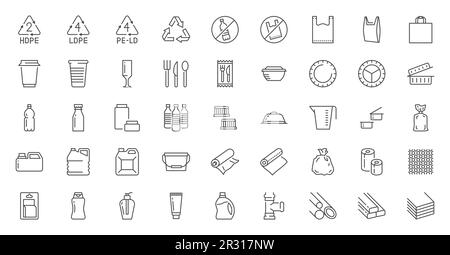 Symbolsatz für Verpackungslinien aus Kunststoff. Einweg-Geschirr, Wasserflasche, Blisterpackung, Behälter, Kanister, Müllbeutel, Luftpolsterfolie Vektordarstellung Stock Vektor