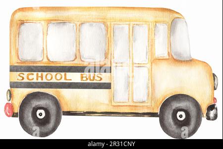 Aquarell-Schulbus, Illustration. Schulelemente, Transport-Clipart. Stockfoto