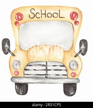 Aquarell-Schulbus, Illustration. Schulelemente, Transport-Clipart. Stockfoto