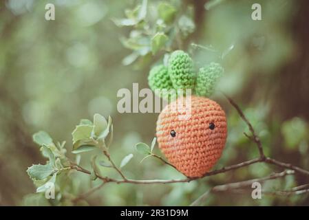 Häkelkarotte (Amigurumi) auf einem Ast im Garten Stockfoto