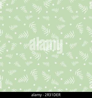 Nahtloses Blumenmuster mit Blättern. Weiß hinterlässt Silhouetten auf grünem Hintergrund. Nahtloser grüner und weißer Vektorhintergrund Stock Vektor